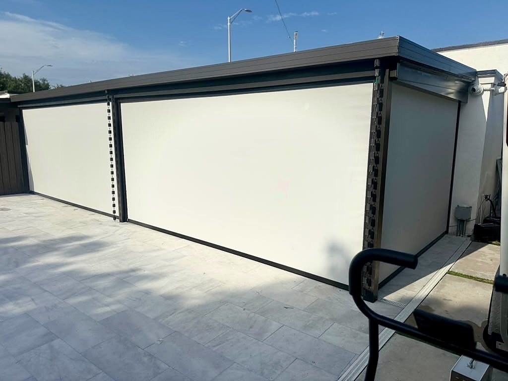 Ivory screens across a wide patio opening