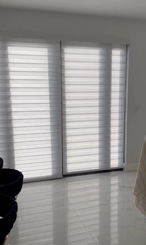 Zebra blinds across a sliding glass door